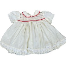 Vintage Baby Smocked Dress White Red Blue Peter Pan Collar Lace Trim 12M 18M
