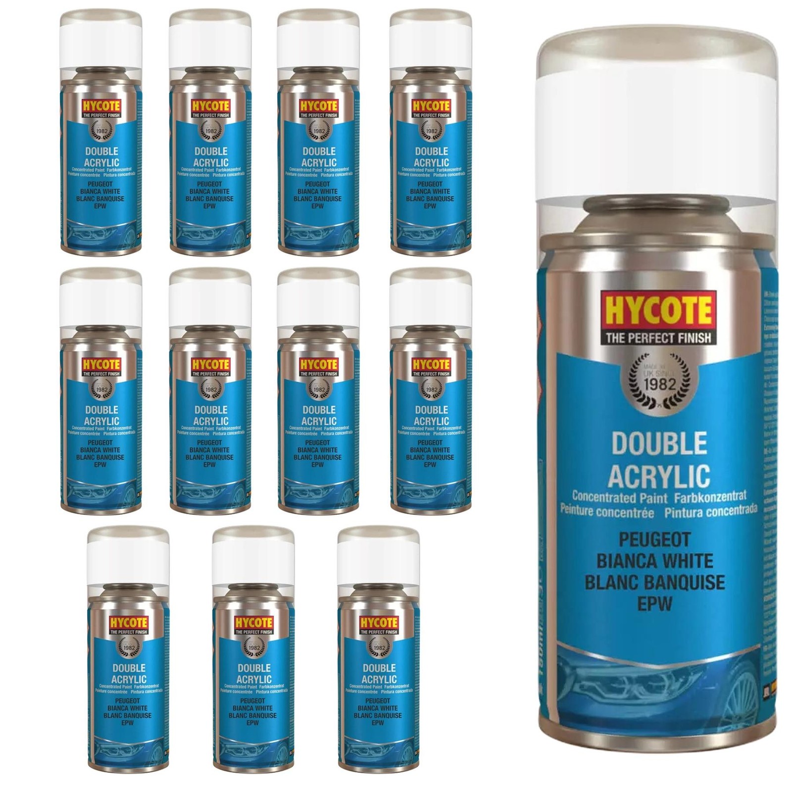 Hycote Colour Spray Paint Aerosol  Peugeot Bianca White 150ml Fast Drying x12
