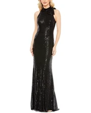 Mac Duggal Soft Tie Halter Neck High Sequin Gown Women's Black 10