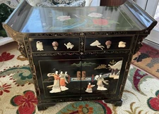 .Qing Dynasty Style,Hand Painted,Carved Soapstone Figural,Credenza,Brass Pulls