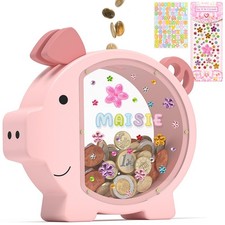Pink Piggy Bank for Kids Girls,Large Wooden Pig Money Banks