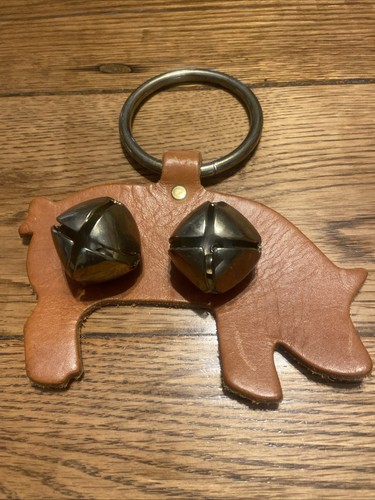 Pig Door Chime Brown Leather Sleigh Bells Hand Made in the US