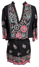 Angie Boho Mini Dress Size S Black Floral Pattern 3/4 Sleeves Decorated Neckline