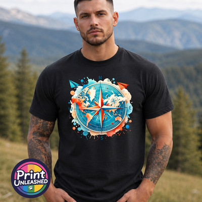 Compass World Map Graphic T-Shirt Adult Adventure Tee Unisex Travel Gift S-2XL