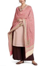 Pink Floral Dupatta for Women Indian Traditional Ethnic Scarf with Cream Border