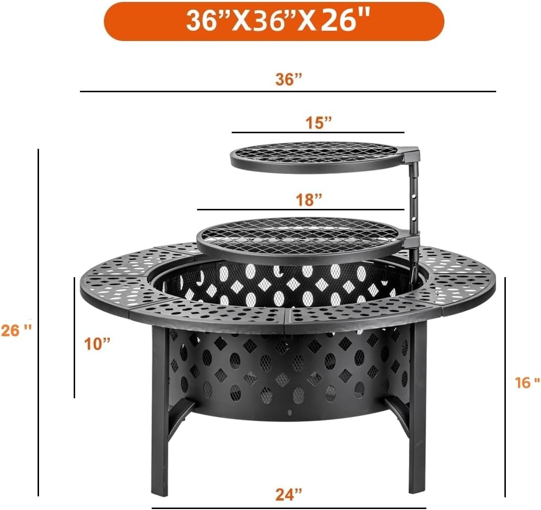 36 Inch Fire Pit with 2 , Wood  Fire Pits for Outside with Lid, Poker and Round 