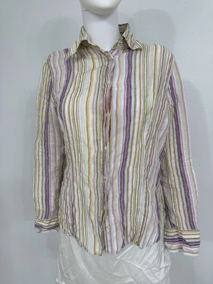 Camisa Etro listrada de linho multicolorida com botões vintage feita na Itália serve para XS - Imagem 2 de 4