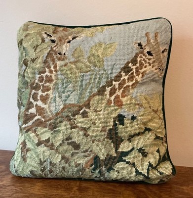 Vintage Giraffe Needlepoint Pillow  14  x 14  Velvet Zip Back