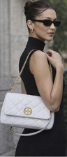 Tory Burch Willa Glazed Quilted Shoulder Bag White Gold Hardware Chain Strap