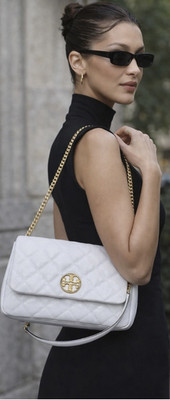 Tory Burch Willa Glazed Quilted Shoulder Bag White Gold Hardware Chain Strap