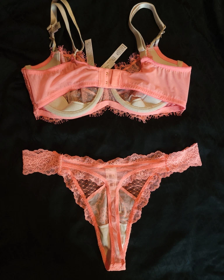 NUEVO CON ETIQUETAS Victoria's Secret Sujetador de Encaje Tanga Conjunto Rosa Salmón 34 DD/M Foto 2 de 4