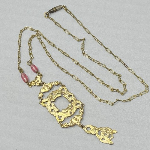 Vtg Art Deco Necklace Y Drop Gold Tone Chain Barrel Clasp Engraved Pendant 20" - Picture 1 of 12