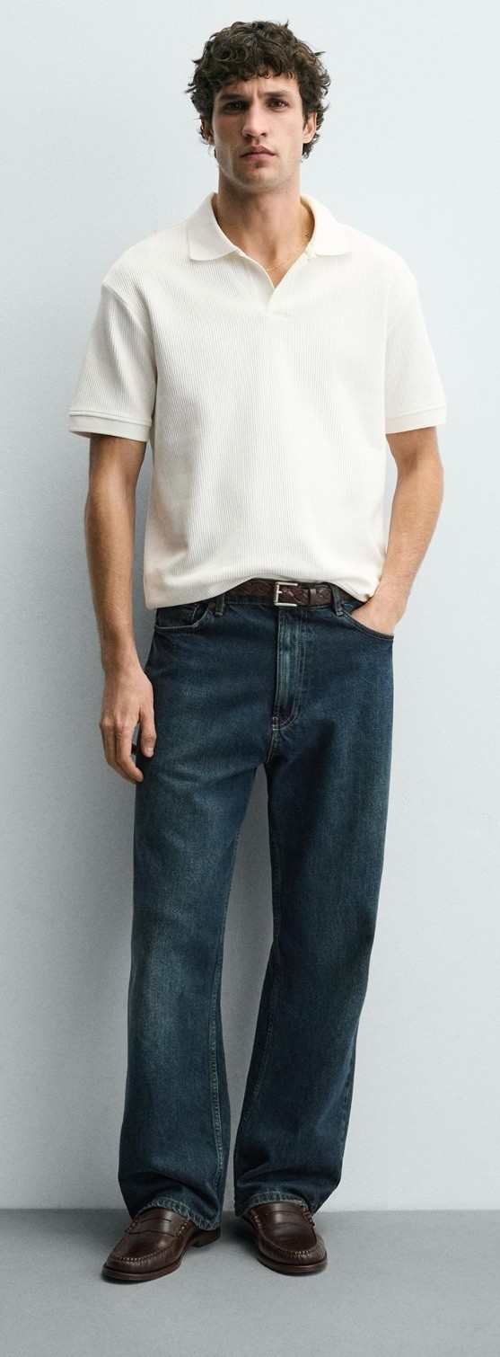 Zara Textured White Polo Shirt L Preppy Old Money Cotton thumbnail 2