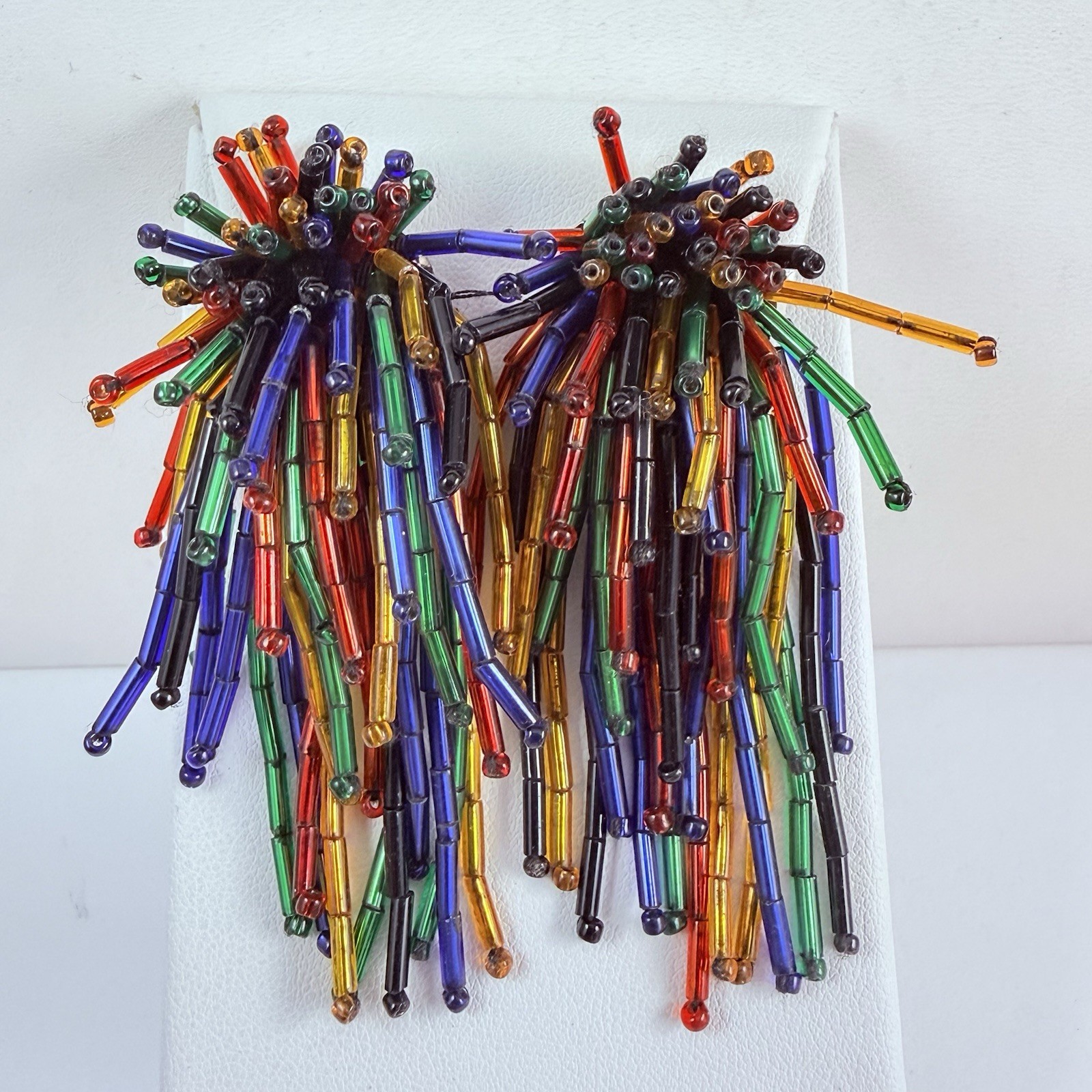 Vintage Waterfall Fireworks Colorful Cha Cha Beaded Boho Clip on Earrings