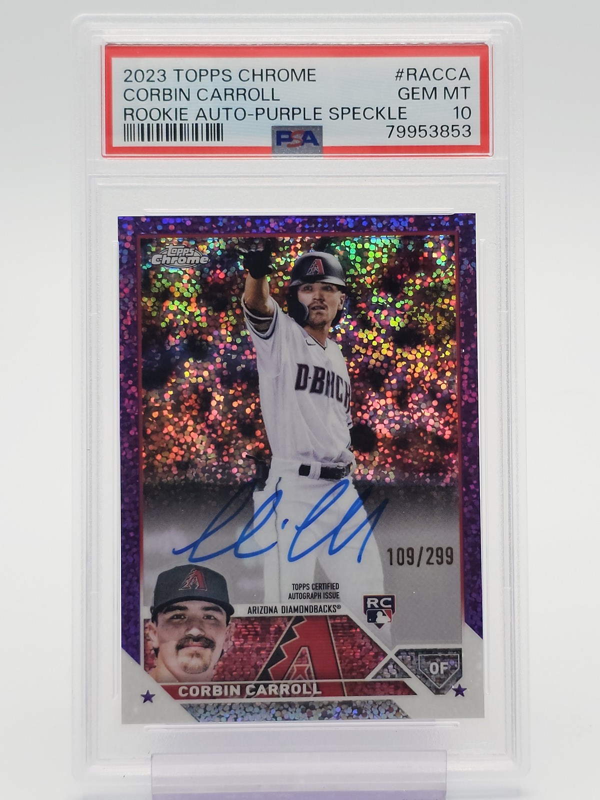 CORBIN CARROLL 2023 TOPPS CHROME PURPLE SPECKLE ROOKIE AUTO /299 PSA 10 Q0852
