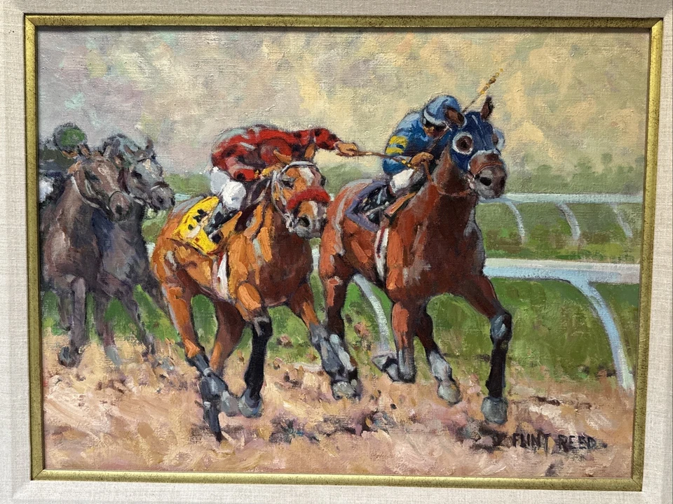 FLINT REED PAINTING HORSE RACES RACING RACETRACK AMERICAN LISTED FAMOUS OIL 24" - Image 3 of 4