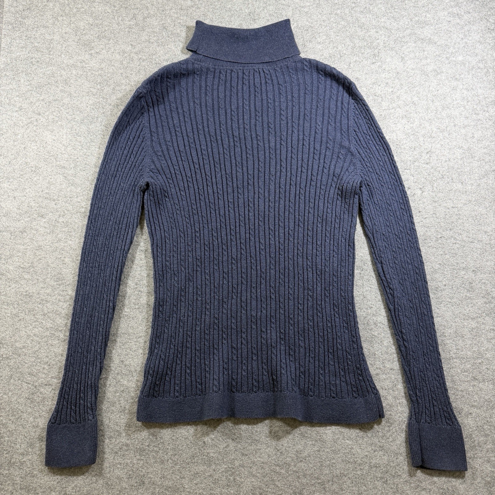 Talbots Cable Knit Turtleneck Sweater Womens L Navy Blue Preppy Slim Fit Luxury thumbnail 2