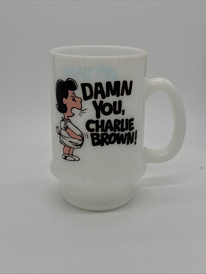 Vietnam-era milk glass mug with 'Damn You Charlie Brown' — darkly funny, culturally specific, and completely one-of-a-kind.