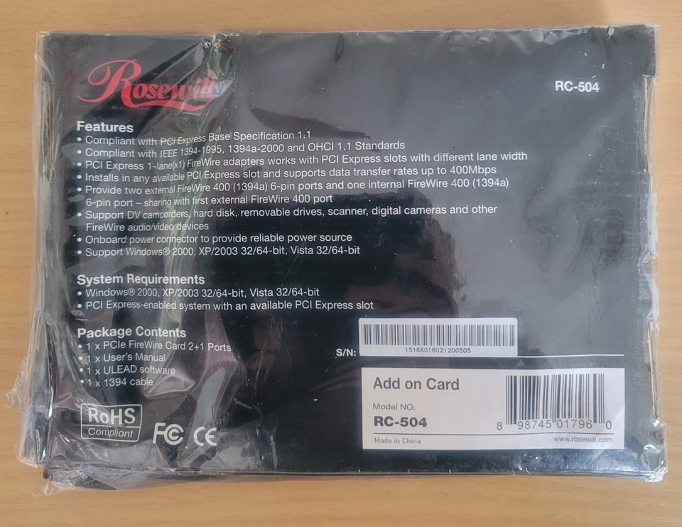 Rosewill PCIe FireWire 1394a Card 2+1 Ports RC-504 NEW Sealed in Box with WRAP - Image 2 of 4