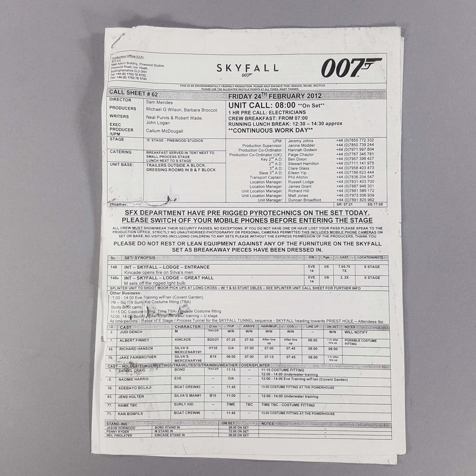James Bond Skyfall Call Sheet feat Daniel Craig #62, Production Used COA