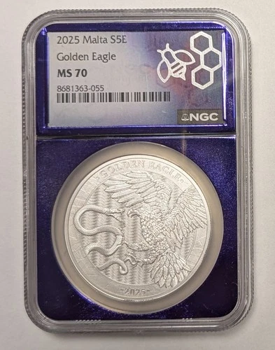 2025 Malta 5 Euro Golden Eagle 1 oz .9999 Silver ~  NGC MS70 Purple Core