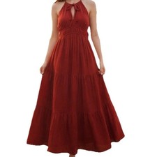 Old Navy Fit  Flare Crinkle Gauze Tiered Maxi Dress Maroon Size Large Bohemian