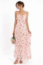 Poéselle Pink Floral Swiss Dot Ruffle Maxi Dress Cottagecore Romantic S
