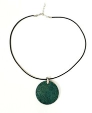 2" ROUND,CIRCLE SHAPE GREEN LAVA VOLCANO STONE,ROCK,BLACK NYLON CORD NECKLACE 