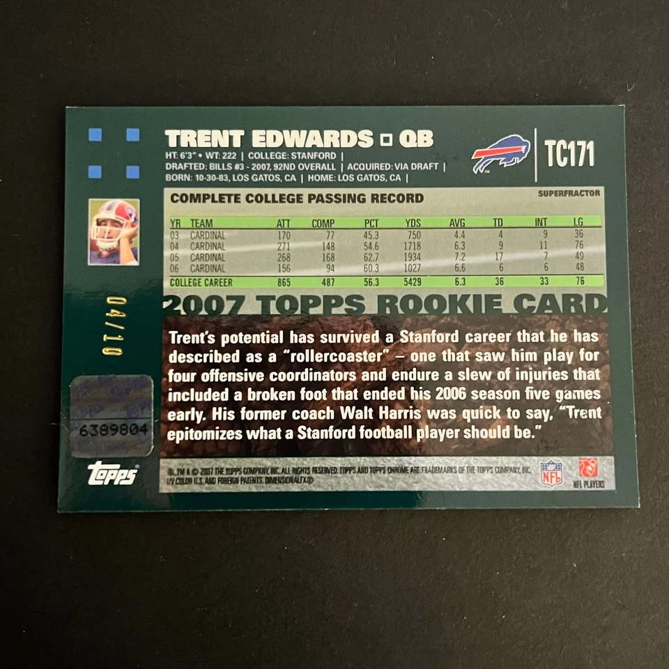 2007 Topps Chrome Rookie Autographs Gold Superfractor Trent Edwards /10 Bills - Image 2 of 2