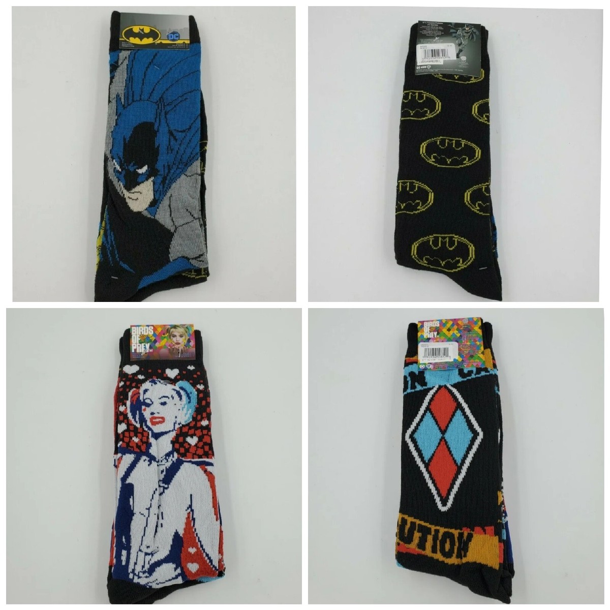 4 Pair DC Comics Batman + Harley Quinn Crew Socks, Adult Shoe Size