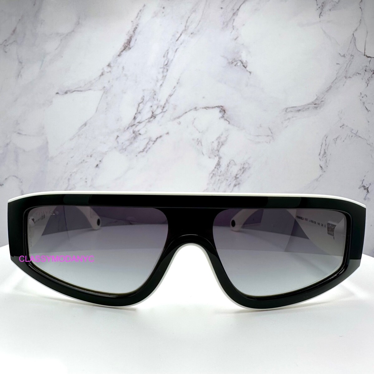 CHANEL Sunglasses Black Shield Wrap Authentic Gradient Gray 