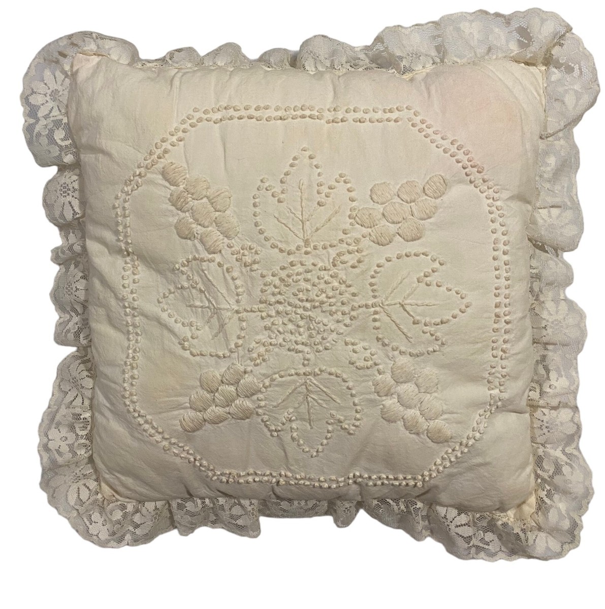Vintage Candlewick Throw Pillow Lace Embroidery Crochet White on White  Farmhouse
