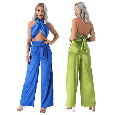 Women Satin Two Pieces Club Night out Set of Top and Loose Straight leg  Pants 