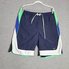Nike Men Swimwear Medium Blue Trunks Colorblock Swoosh Logo Drawstring Mid Rise