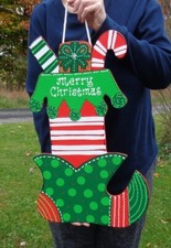 Merry Christmas ELF STOCKING SHOE SIGN Wall Door Hanger Plaque Wreath Accent