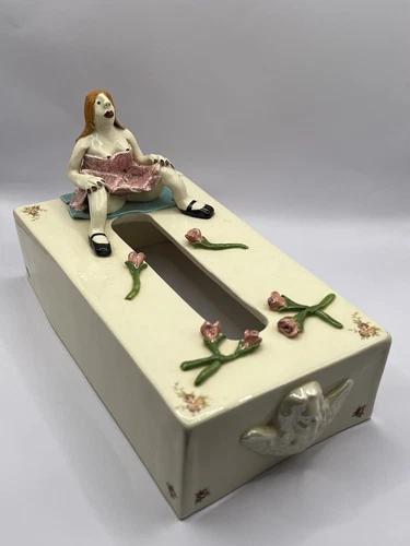 Vintage 1980 “Esmeralda Delaney” Ceramic Art Nude Woman Roses Tissue Holder RARE