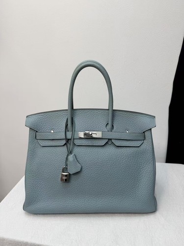 AUTH Hermès Birkin 35 Bleu Ciel Fjord Leather Silver HW Top Handle Bag