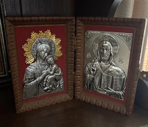 Russian Orthodox Icon Diptych Son Of God & Virgin Mary Etched Wooden Hinged Box