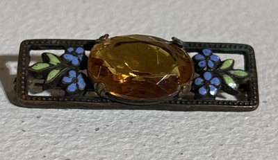 Antique Amber Glass Brooch Blue Enamel Flowers, Rectangular Brass Frame Art Deco