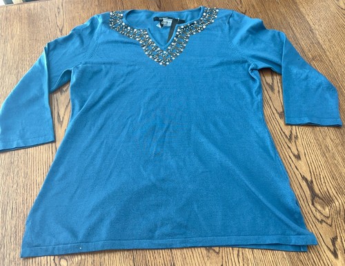STYLE & CO Women’s L “Folkluxe” Blue Knit Silk Blend Top NWT