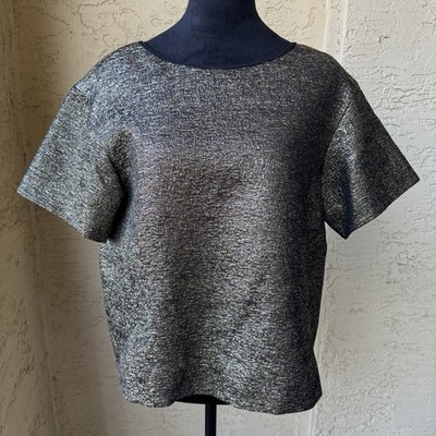 Lafayette 148 Metallic Gold Top Sz M Textured Short Sleeve Blouse $438 NWT