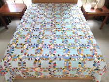 Vintage 70s Cotton Hand Sewn Novelty Prints 'Postage Stamp' WEDDING RING Quilt