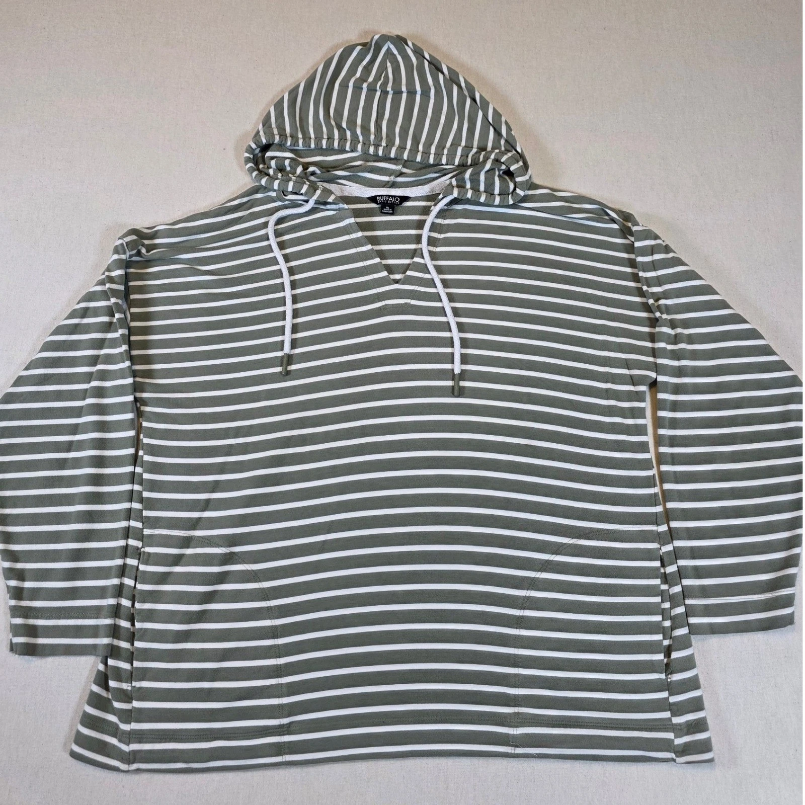 Buffalo David Bitton Women XL Green Striped Hoodie Pullover V-Neck Relaxed Fit