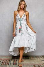 POL Embroidered Detail Tassel Tie Smocked Waist Midi Tiered Cami Dress - Small