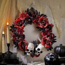 16 3/4" x 3 1/2" Red  Black Flower Wreath with Skulls Halloween Decoration