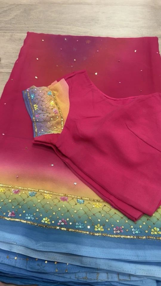 Pure Chiffon, Pink And Multicolor Hand Work Saree With Stitched Blouse - Image 3 of 4