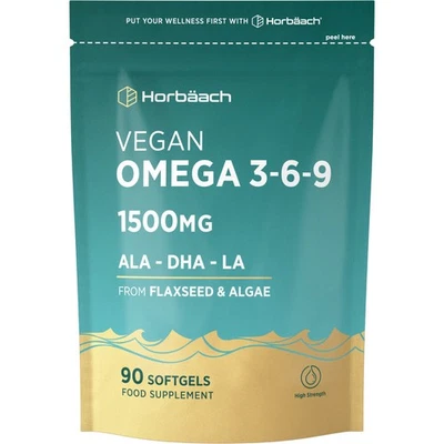 HORBÄACH Vegan Omega 3 6 9 Capsules | 1500mg | 90 Count | High Strength | By Horbaach