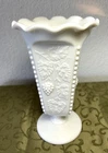 Unique Westmoreland Paneled Grape Milk Glass Vase w/ Ruffled Edge & Beaded Trim