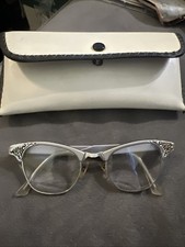 Vintage Art Craft Cateye Eyeglasses Aluminum Frames Cat Eye Horn Rim in case