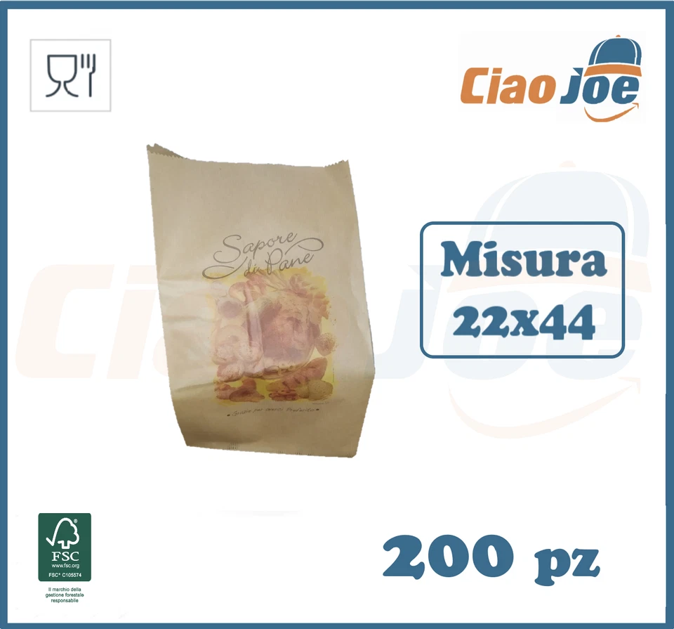 CIAO JOE Sacchetti Carta Pane Avana 22x44 cm per Alimenti Dolci Panificio Pizzeria 200 pz